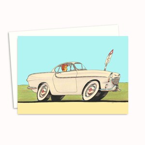 Biglietto di auguri per auto anni Sessanta - Illustrazione originale disegnata a mano - Biglietto per qualsiasi occasione - Interno vuoto per il tuo messaggio - Busta bianca