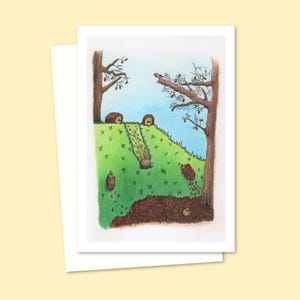 Cartão de felicitações de ouriços com ilustração a lápis desenhada à mão de ouriços fofos e brincalhões, com interior em branco para sua própria mensagem