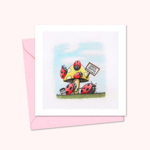 Funny Ladybirds Greeting Card with a Hand Drawn Illustration of Cute Ladybugs Getting Their Spots Painted, Blank Inside for Your Own Message