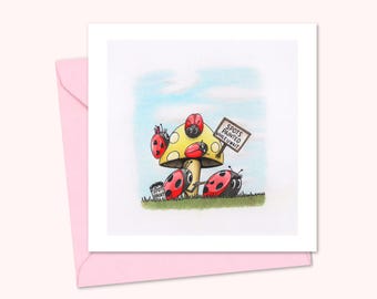 Carte de voeux drôle de coccinelles - Illustration dessinée à la main de jolies coccinelles se faisant peindre des taches - Intérieur vierge pour votre propre message