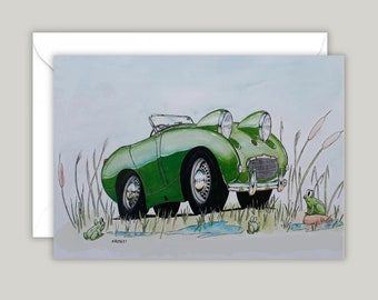 Funny Frogs Greeting Card For All Occasions: Classic Car and Frogs - Hand Drawn Illustration