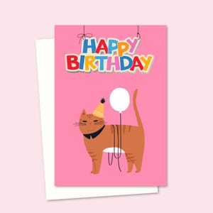 Party Cat Birthday Card with a Cute Ginger Cat Cartoon, Blank Inside for Your Own Message