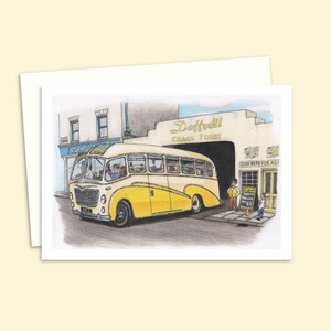 Coach Trip Greeting Card - Hand Drawn Illustration - Past Times Nostalgic Artwork - Any Occasion Card Left Blank Inside for Your Own Message