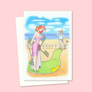 Crazy Golf Greeting Card - Hand Drawn Seaside Postcard Style Illustration - Blank Inside for Your Own Message