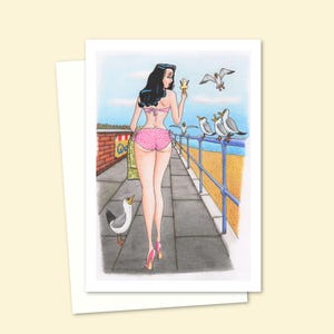 Seaside Postcard Greeting Card - Old Style Cartoon Art Card for Any Occasion - Blank Inside for your Own Message