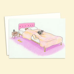 Cute Cat Greeting Card, Hand Drawn Original Art for Cat Lovers with a Cosy Bedtime Illustration