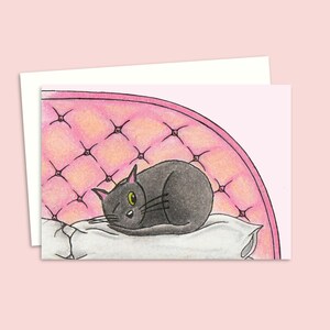 Cute Cat Greeting Card - Hand Drawn Illustration of a Black Kitten Sleeping on a Pillow -Ideal Birthday Card for a Cat Lover - Blank Inside