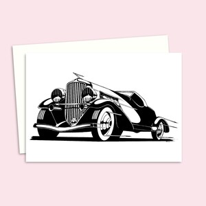 Vintage Car Greeting Card with a Detailed Pen and Ink Illustration of 1930s Classic, Ideal for Classic Car Lover's, Blank Inside