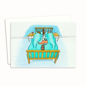 Kartka z życzeniami z uroczymi kotami - ręcznie rysowana ilustracja przytulnych kotów na łóżku - idealna dla właścicieli kotów - pusta w środku na własną wiadomość