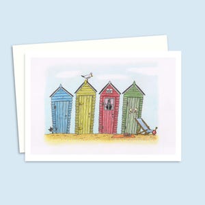 Kartka z życzeniami Beach Huts - kartka urodzinowa z ręcznie rysowaną ołówkiem ilustracją nadmorskiej sceny - kartka na każdą okazję dla przyjaciół lub rodziny