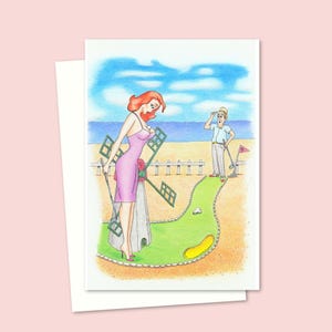 Crazy Golf Greeting Card - Hand Drawn Seaside Postcard Style Illustration - Blank Inside for Your Own Message