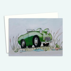 Tarjeta de cumpleaños con ranas y coche clásico: divertida tarjeta de felicitación dibujada a mano para cualquier ocasión. Interior en blanco para tu mensaje personal.