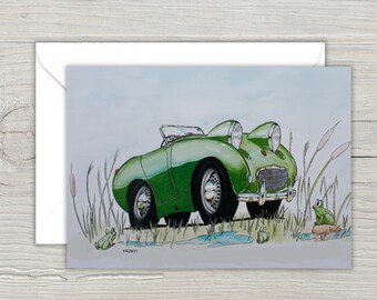 Funny Frogs Greeting Card For All Occasions: Classic Car and Frogs - Hand Drawn Illustration