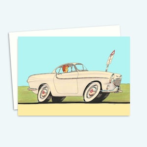 Sixties Car Greeting Card with an Original Hand Drawn Retro Illustration for Any Occasion, Blank inside for your own message