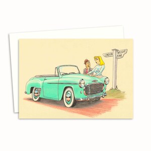 Funny Greeting Card - Birthday Card with a Hand Drawn Illustration - Mid Century Classic Car Cartoon - Blank Inside for Your Own Message