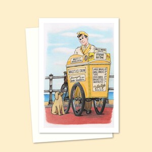 Seaside Greeting Card with a Hand Drawn Illustration of an Ice Cream Seller by the Sea with an Adorable Dog, Blank Card for Any Occasion