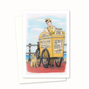 Nostalgic Seaside Greeting Card - Hand Drawn Illustration of an Ice Cream Seller by the Sea with an Adorable Dog - Blank Card