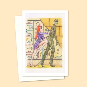 Egyptian Mummy Greeting Card with a Hand Drawn Cartoon Illustration, Ideal for Birthdays and Halloween, Blank Inside for Your Own Message