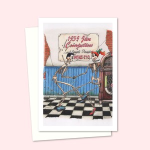 Carte de voeux de squelettes dansants - Illustration de dessin animé dessinée à la main pour toute occasion - Intérieur vierge pour votre propre message