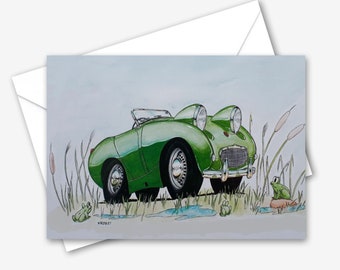 Funny Frogs Greeting Card For All Occasions: Classic Car and Frogs - Hand Drawn Illustration