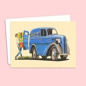 Tarjeta de felicitación de camioneta de florista - Ilustración dibujada a mano - Tarjeta para cualquier ocasión - Interior en blanco para su propio mensaje