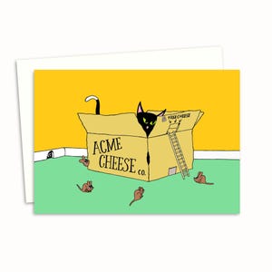 Tarjeta de felicitación de gato: divertida ilustración dibujada a mano, ideal para amantes de los gatos. Interior en blanco para tu propio mensaje.