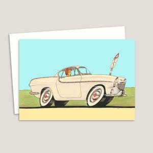 60 年代の車のグリーティング カード - オリジナルの手描きイラスト - あらゆる機会のカード - 内側は空白で、独自のメッセージを書き込めます - 白い封筒