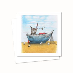 Vissersbootwenskaart - handgetekende strandscène, perfect voor verjaardagen en jubilea - blanco binnenkant voor persoonlijke berichten