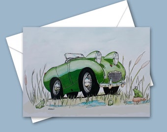 Carte de voeux drôle de grenouilles pour toutes les occasions : voiture classique et grenouilles - illustration dessinée à la main