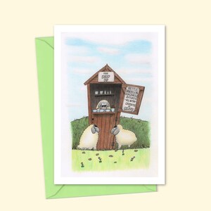 Jolie carte de voeux représentant un mouton avec une illustration originale dessinée à la main d'un étal de trempette pour moutons, intérieur vierge pour votre propre message