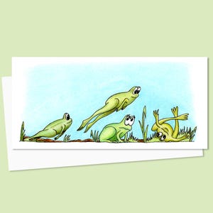Funny Frogs Greeting Card - Hand Drawn Illustration of a Fun Game of Leap Frog - Blank Inside for Your Own Message