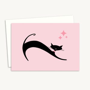 Pink Cat Card for a Cat Lover - Mid Century Atomic Art - Lucky Black Cat Card - Blank Inside