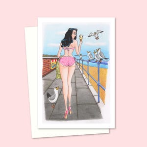 Seaside Postkarte Grußkarte - Alte Stil Cartoon Kunst Karte für jeden Anlass - Leere Innenseite für Ihre eigene Nachricht