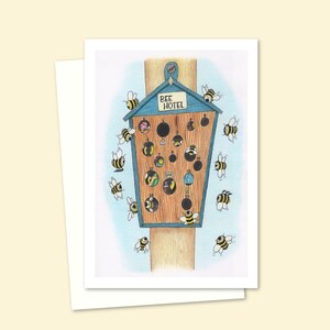 Cute Bee Greeting Card with a Hand Drawn Pencil Illustration of a Busy Bee Hotel, Blank Inside for your Own Message