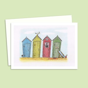 Carte de voeux Cabanes de plage - Illustration dessinée à la main d'une scène de bord de mer - Carte pour toute occasion pour amis ou famille - Intérieur vierge