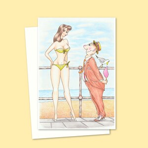Tarjeta de felicitación con humor costero: ilustración divertida, perfecta para cumpleaños, aniversarios y San Valentín. Interior en blanco.