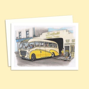 Coach Trip Greeting Card - Hand Drawn Illustration - Past Times Nostalgic Artwork - Any Occasion Card Left Blank Inside for Your Own Message