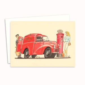 Wenskaart postbus met leuke illustratie met nostalgische jaren '50, blanco binnenkant voor je eigen bericht