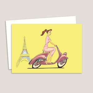 Tarjeta de felicitación de scooter retro con ilustración a lápiz dibujada a mano. Interior en blanco para un mensaje personal.