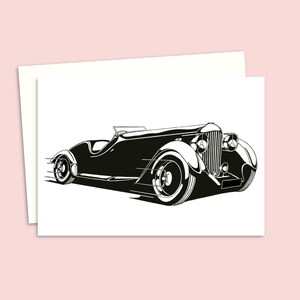 Biglietto d'auguri con auto sportiva d'epoca - Biglietto di auguri per un amante delle auto - Biglietto per la festa del papà - Illustrazione a penna e inchiostro - Ideale per lui - Interno vuoto