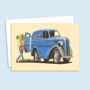 Tarjeta de felicitación de camioneta de florista - Ilustración dibujada a mano - Tarjeta para cualquier ocasión - Interior en blanco para su propio mensaje