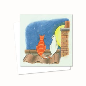 Wenskaart kattenliefhebber - handgetekende potloodillustratie van romantische katten op een dak - geschikt voor elke gelegenheid - blanco van binnen