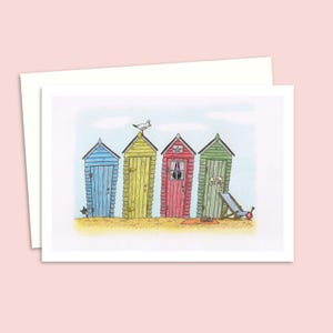 Carte de voeux de huttes de plage - carte d'anniversaire avec une illustration dessinée à la main d'une scène de bord de mer - carte pour toute occasion pour les amis ou la famille