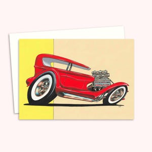 Carte de voeux pour voiture - Illustration de hot rod classique dessinée à la main - Illustration détaillée au crayon pour un amateur de voiture - Intérieur vierge pour votre propre message