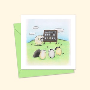 Funny Sheep Greeting Card with a Hand Drawn Illustration of Cute Lambs Counting Sheep, Blank Inside for Your Own Message