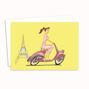 Tarjeta de felicitación de scooter retro con ilustración a lápiz dibujada a mano. Interior en blanco para un mensaje personal.