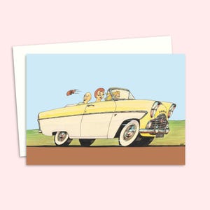Funny Greeting Card with a Nostalgic Illustration of a Mid Century Car, Suitable for Any Occasion, Blank Inside for Your Own Message