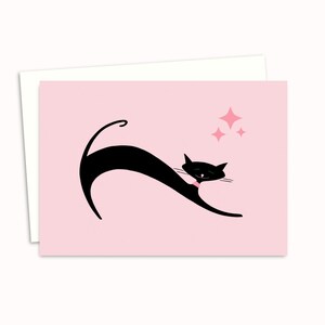 Pink Cat Card for a Cat Lover - Mid Century Atomic Art - Lucky Black Cat Card - Blank Inside