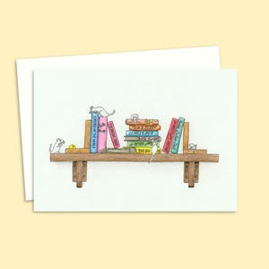 White Mice Greeting Card with a Hand Drawn Illustration of Cute Mice on a Bookshelf, Funny Card Left Blank Inside for Your Own Message