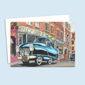 Tarjeta de felicitación para cualquier ocasión - Ilustración nostálgica de mediados de siglo - Dibujo a mano de un coche de policía clásico - Interior en blanco